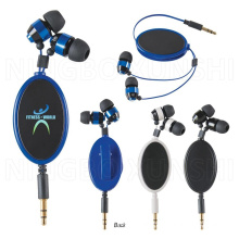 Promotional oval shaped blue color 1.2m retractable line 3.5mm plug mobile headphone earbud bulk earphone with backside clip